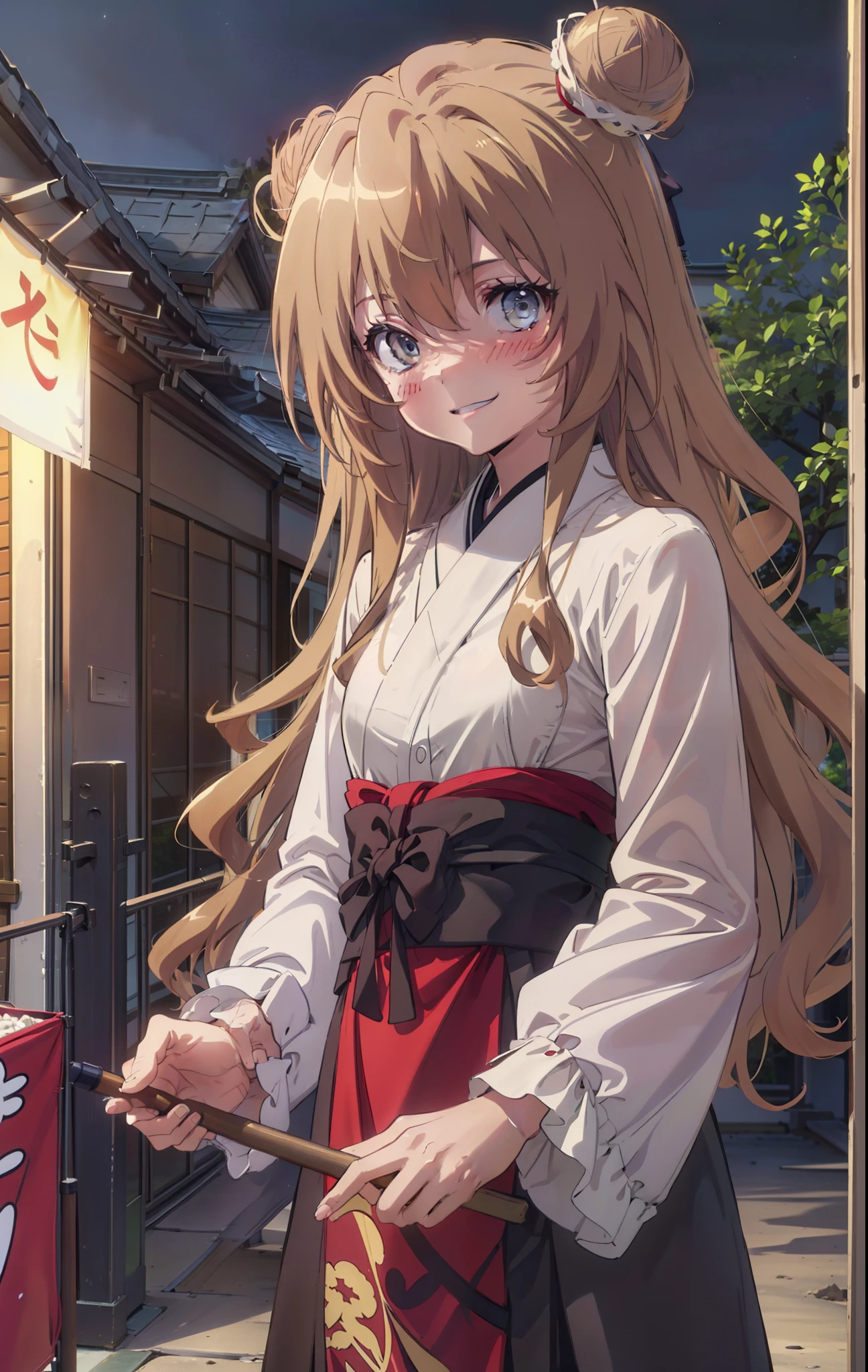 taiga aisaka, taiga aisaka, Long Hair, Brown Hair, Brown eyes,happy smile, smile, Close your mouth,Hair Bun, single  Hair Bun,Black kimono,Thick sleeves,,日本のfestival,夏festivalの屋台,Red lantern,night,As if your whole body is in the illustration,Walking,　　　　　　　　　　　　　　　  break looking at viewer, Upper Body (Cowboy Shot:1. 5),  　　　　　
break outdoors, festival,shrine,
break (masterpiece:1.2), Highest quality, High resolution, unity 8k wallpaper, (shape:0.8), (Beautiful attention to detail:1.6), Highly detailed face, Perfect lighting, Highly detailed CG, (Perfect hands, Perfect Anatomy),