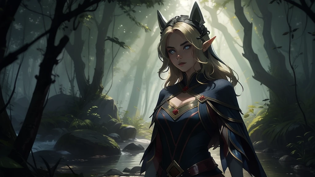 "Elf with a captivating look, unearthly beauty, flowing golden hair, pointed ears, dressed in elaborate elven attire, surrounded by a mystical forest, soft sunlight, breaking through lush greenery."