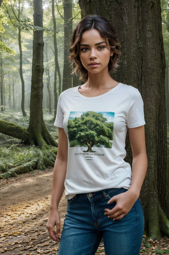 a young boy standing in front of a large oak tree, detailed portrait, beautiful detailed eyes, beautiful detailed lips, extremely detailed face, longeyelashes, serious expression, hands in pockets, jeans and t-shirt, sunlight filtering through the leaves, lush green forest background, (best quality,4k,8k,highres,masterpiece:1.2),ultra-detailed,(realistic,photorealistic,photo-realistic:1.37),natural lighting,cinematic composition,dramatic lighting,vibrant colors