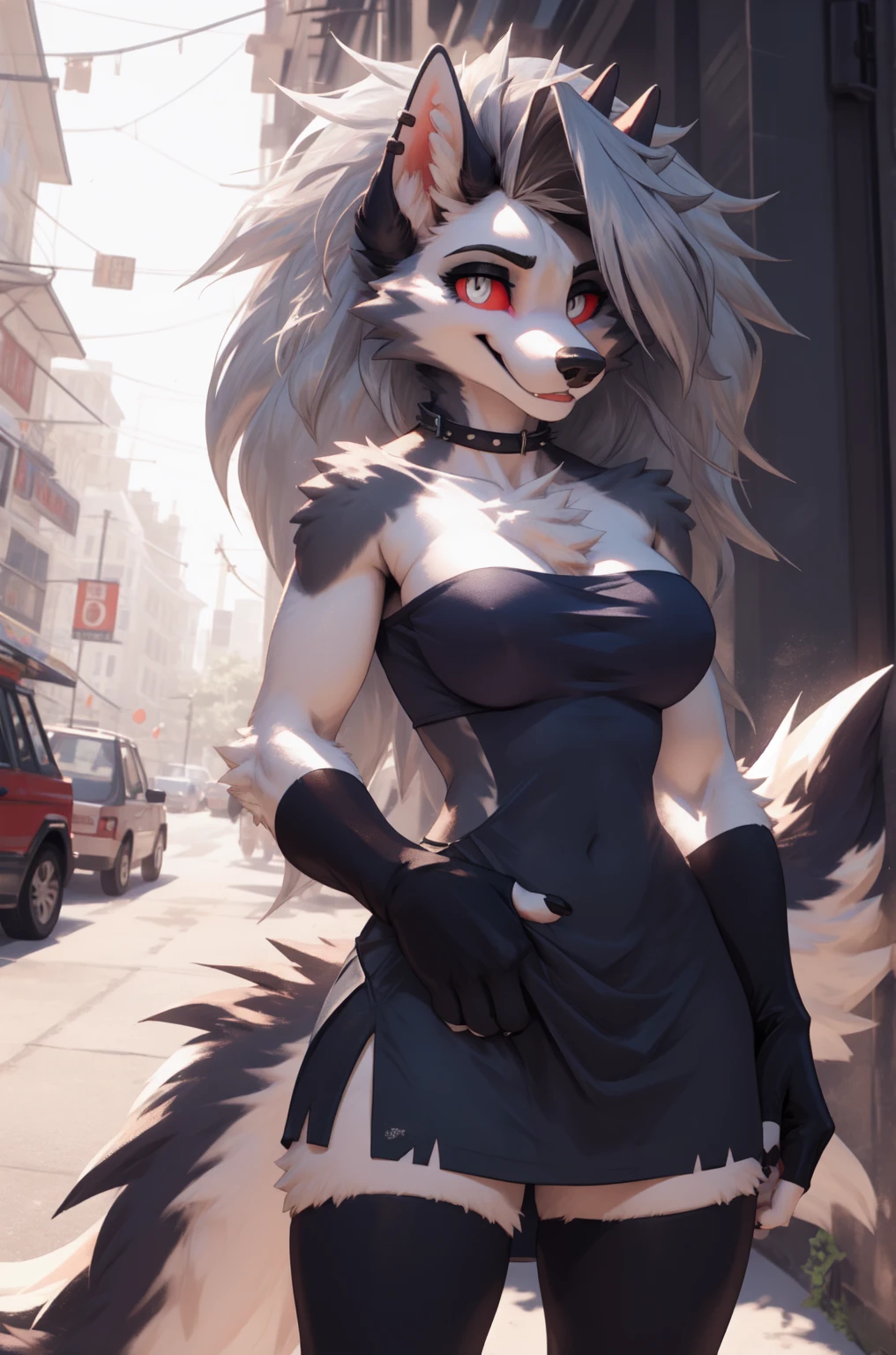 masterpiece, best quality, loona hellhound, detailed face, detailed eyes, (slit pupils, white eyes), red sclera, happy, [smile,] fingerless gloves, large busty breast, wearing a red sleeveless strapless dress, tail, black stocking legging, standing, street, sunny rays 