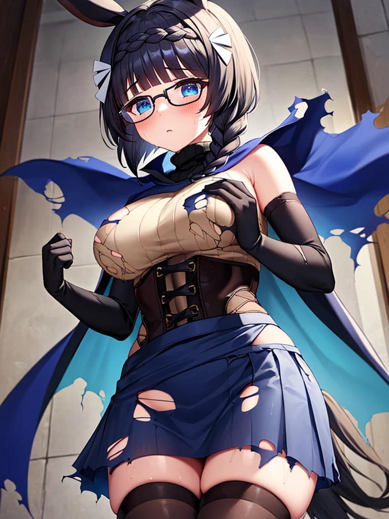 (((zenno rob roy, umamusume,))) braids, blunt cut, medium hair, braid, silver hair, blue eyes, droopy eyes, pale skin, glasses, cute face, huge breasts, blush, embarrassed, wet skin, shiny skin, sweat, steam, humid, ((((beige Turtleneck Sweater, Bare shoulder, black elbow gloves, blue corset skirt, black thighhighs, blue cape,)))) see-through, (((((torn clothes,))))) nsfw,