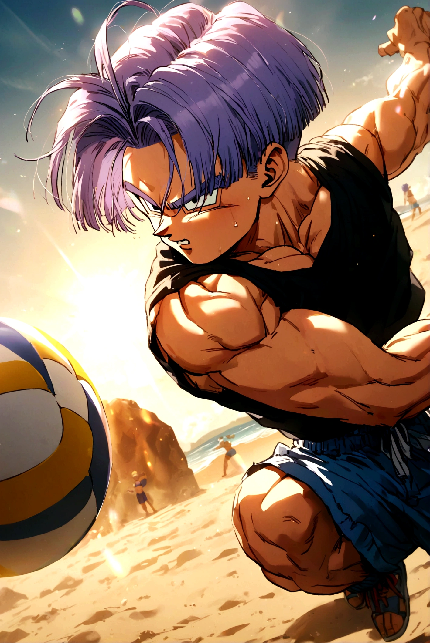 1boy, male focus, piccolo, dragon ball, playing beach volleyball