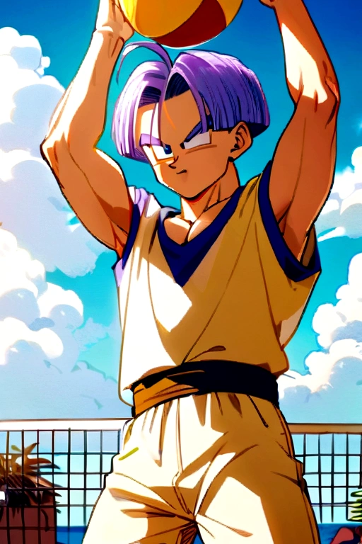1boy, male focus, piccolo, dragon ball, playing beach volleyball