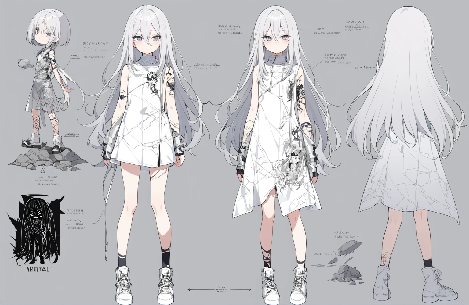 1 150 cm tall. long silver hair, Scrawny, knee length straight hair, Small face, Full body diagram, rock metal clothing style