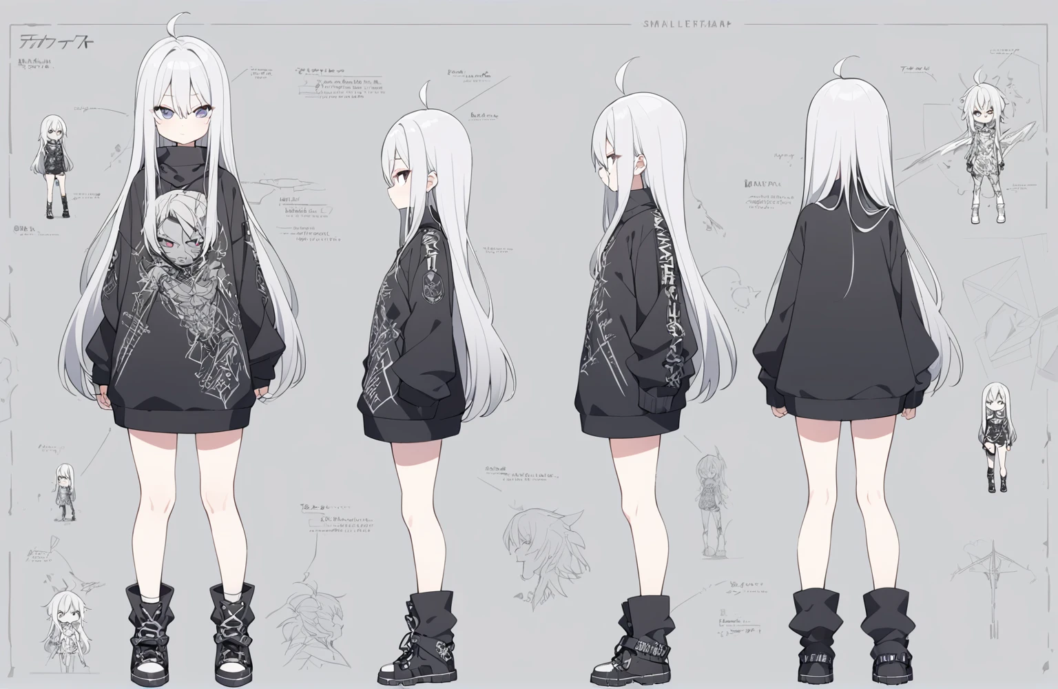 1 150 cm tall. long silver hair, Scrawny, knee length straight hair, Small face, Full body diagram, rock metal clothing style