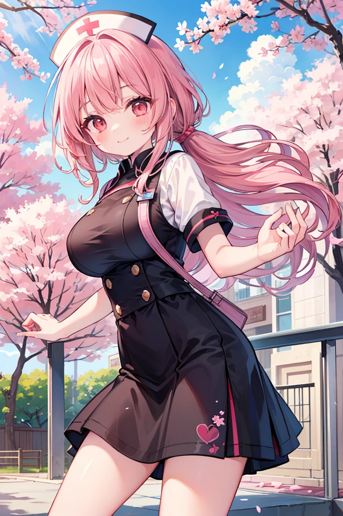 ((Masterpiece)),((high resolution)),((Best Quality)),Anime illustration,(((1girl))),,(wavy hair),(short hair),(pale pink hair color),small ponytail,Red eyes,(Big round eyes),((tareme)),,((loli face)),very big breasts)),Short stature,,Nurse uniform,smile,Ladylike,cherry blossoms,
