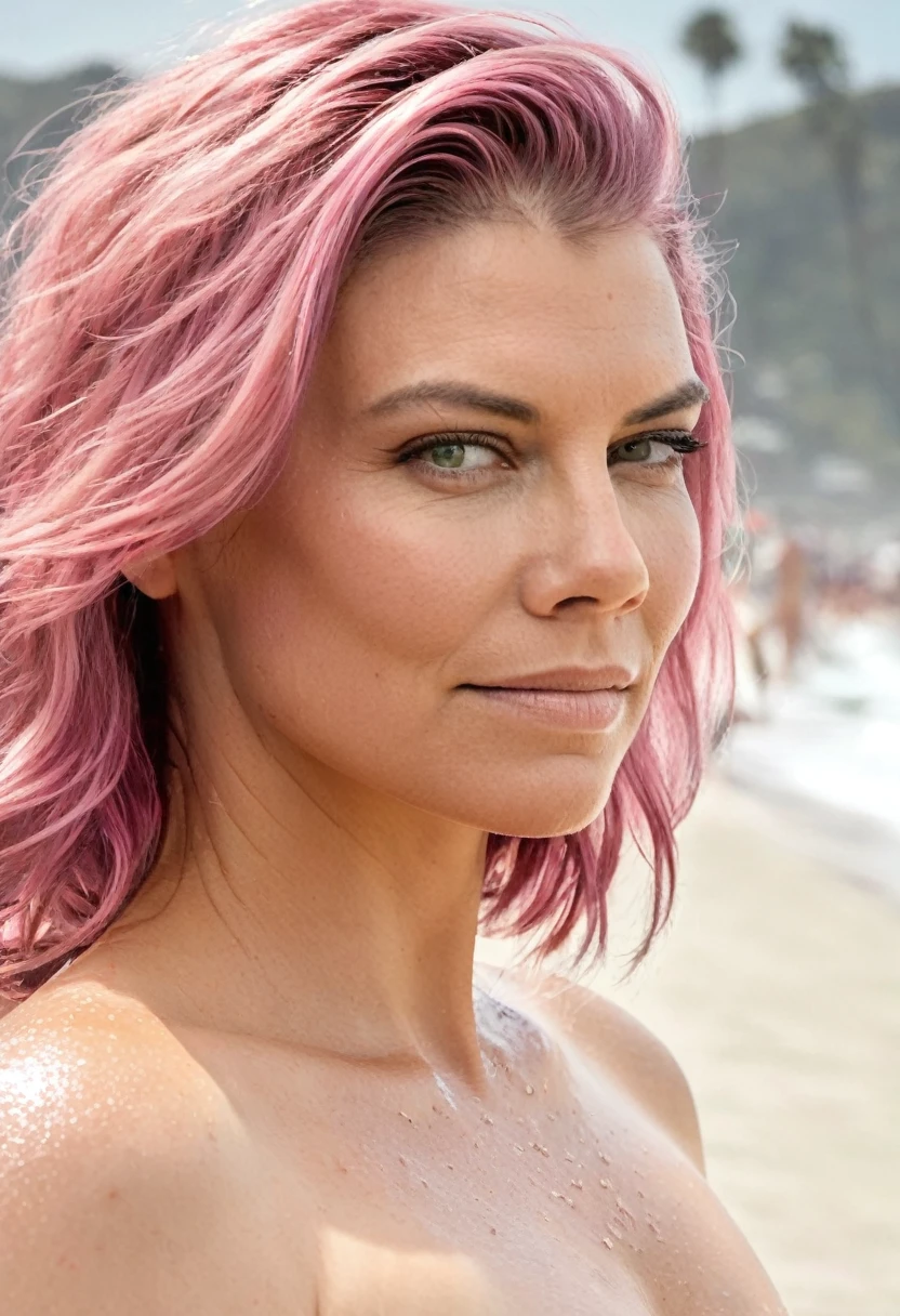  high quality  nude photo  , ( lauren_cohan , sensual detailed ultra realistic  skin texture  , pink color hair, hollywood , celebrity ,photorealistic  , full body shot, blushing ) celebrity erotic photograph , nude,  extremely long  hair ,tall figure , smiling ,seductively , piny skin tone:1.4  erotic photoshoot, exhausted look, shiny sweaty skin, on beach, wet hair, celebrity, female,  woman, hollywood actress,  fleshy muscular woman  , ( natural lights, depth of field, insanely detailed skin texture, hyper detailed features )