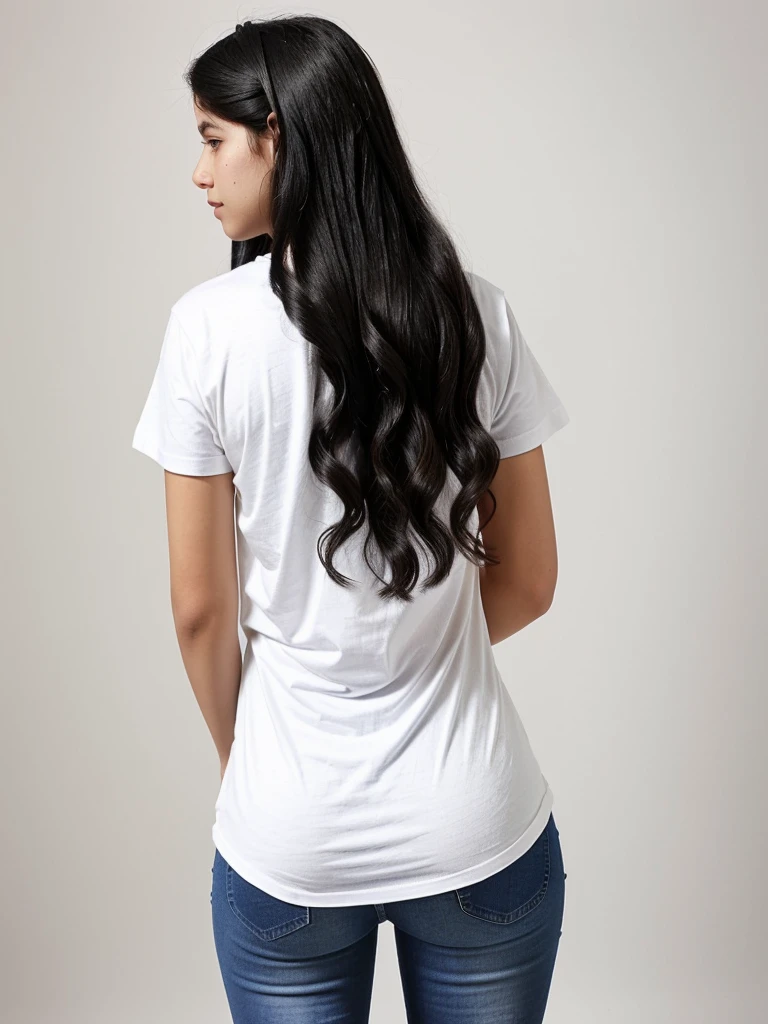Full body image of a very gorgeus and pretty Argentinian woman from her back. ONE ONLY WOMAN. She dress with a t-shirt and jeans. She has fifteen years old. She has a thin body. She has black hair with curls at the ends.
