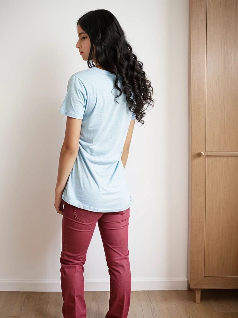 Full body image of a very gorgeus and pretty Argentinian woman from her back. ONE ONLY WOMAN. She dress with a t-shirt and jeans. She has fifteen years old. She has a thin body. She has black hair with curls at the ends. 