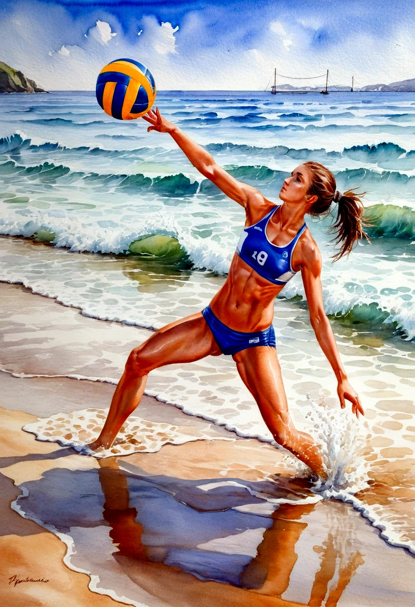 1girl, Beach Volleyball, watercolor painting of a volleyball, in the water on a beach, soft multilayered, perfect composition, complementary colors, fine details, masterpiece, best quality, very aesthetic, absurdres