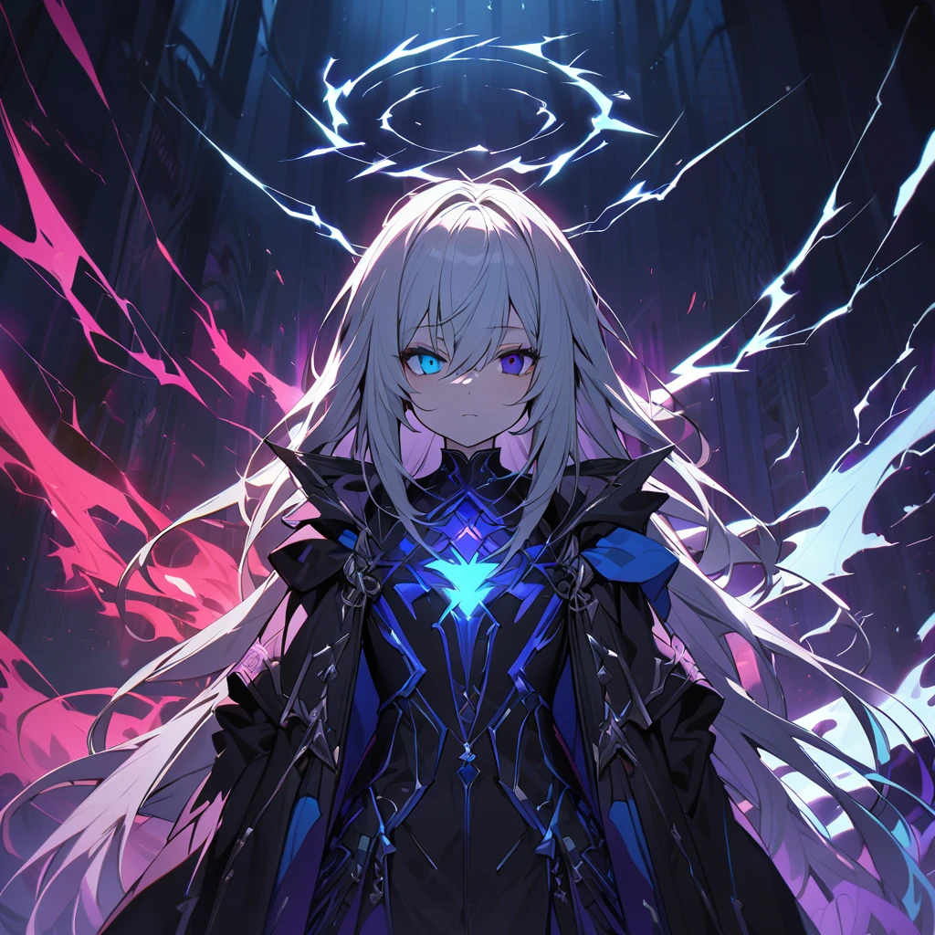 elementary, Shadow Surrounding Girl, lightning, Green Aura, Red aura, Purple aura, Flames surrounding the girl, masterpiece, Dark Theme, Highest quality, Maximum details, Very fine eye, Professional coloring, cinematic lightning, Remaining, Written boundary depth, Backlight, One Girl, Young girl, Silver Hair, Long Hair, Hair between the eyes, Black Halo, Shining blue sea, Blue Flame, Large, black, translucent magical wings on his back, Fantasy-inspired costumes, Black long coat, shirt, Black trousers, Expressionless, heterochromatic eyes, Heterochromia iridis, Violet&#39;s left eye, blue right eye, Odd Eye, Glowing Eyes, Show a close-up of your face, Facing forward, Countless magical swords are floating, Slashing Effects
