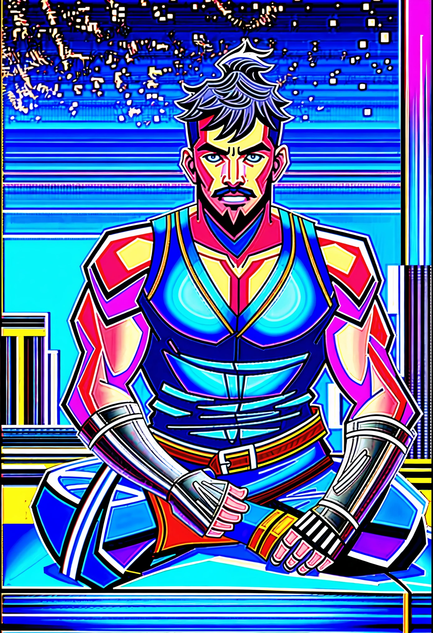 30 years old, male, ponytail, full beard, dark brown hair, sitting on top of a building, smile on face, open vest, blue clothes, bare hairy chest, neoprene pants, neon details, worked body, cyberpunk city background, starry sky, night, (Best Quality, 4k, 8k, high resolution, Masterpiece: 1.2), ultra detailed, Male portrait, very detailed face, detailed facial features, muscular build, spectacular lighting