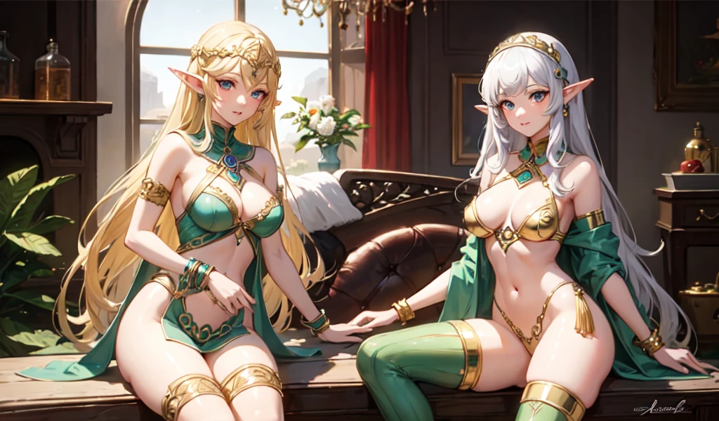 ((Highest quality)), ((masterpiece)), (detailed), 1 Beautiful Elf Woman,Gold ornaments,sexy,Celtic,desert,Adventurer