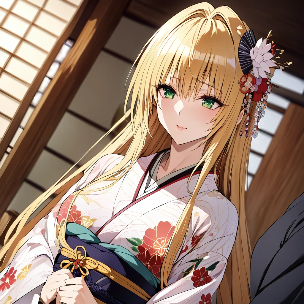 A woman is being raped by a man、((Highest quality)), ((masterpiece)), (detailed), (Perfect Face)、The woman in the Japanese garden is a Japanese Tiare, wearing a gorgeous and dazzling kimono, gorgeous hair ornaments, gorgeous jeweled accessories, and an engagement ring.、The woman is an elegant Tieryu with green eyes and blonde medium-long hair. The woman is a Japanese Tieryu wearing a Japanese kimono.