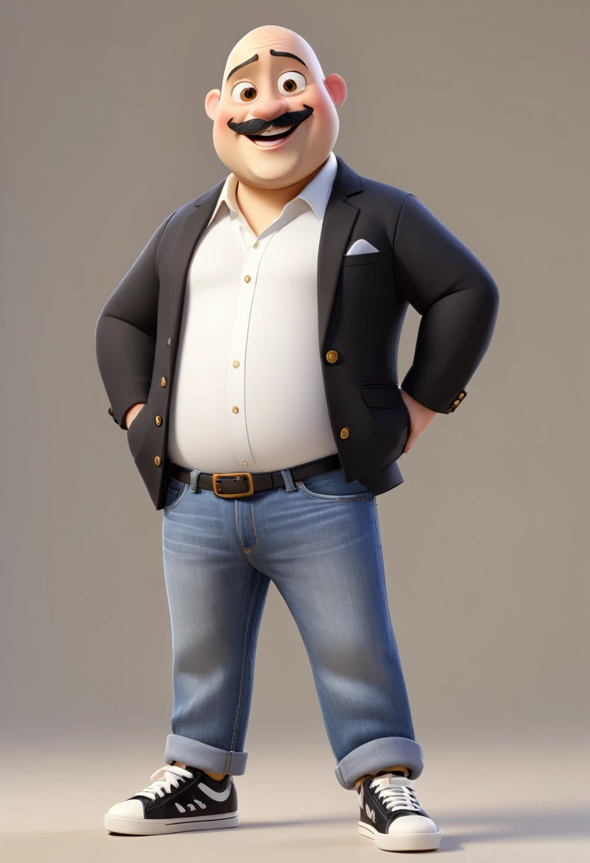 Fun boy character, disney pixar style, 3d, yellow skin color, very small, baldie, but with a beard and mustache, eyes browns, jeans, black sneakers, white blouse with black blazer, standing, de corpo todo, chubby body, with happy face, Grinning, White background, 8 k quality