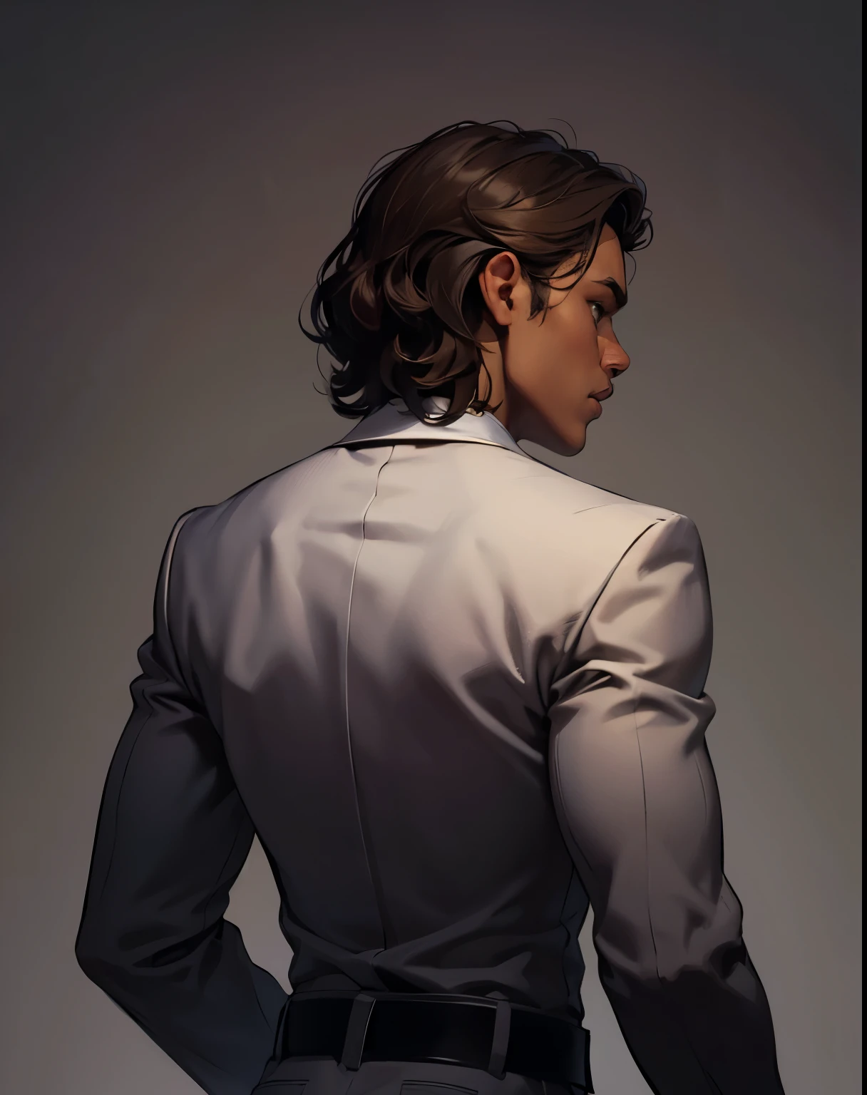 Gray background, Brazilian, dark skin, A man stands with his back , black suit, Wavy brown hair
