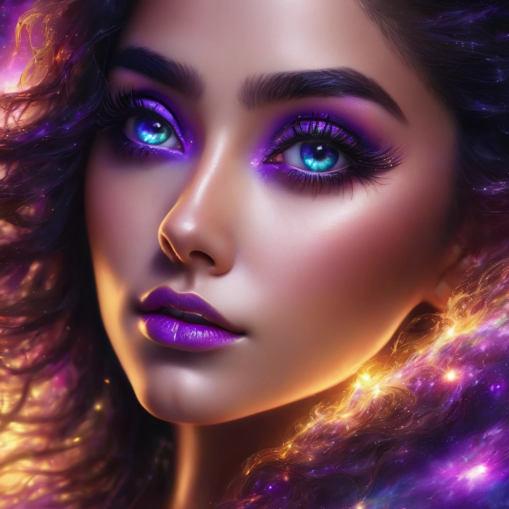 beautiful detailed eyes, beautiful detailed lips, extremely detailed eyes and face, long eyelashes, beautiful latina woman, curly voluminous hair, cosmic galaxies and nebulae reflected in her iris, violet flames dancing around, photorealistic, 8k, highly detailed, cinematic lighting, dramatic colors, digital art, concept art, masterpiece