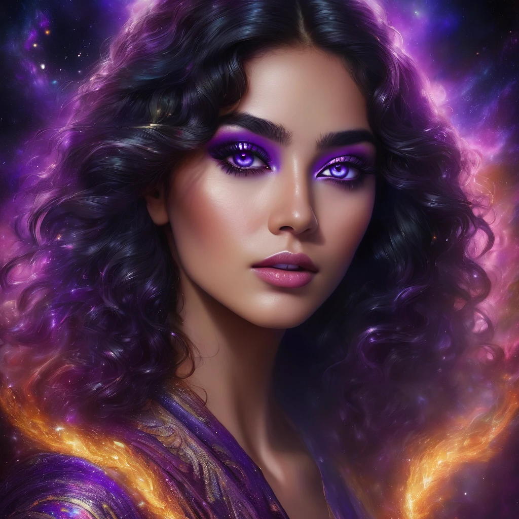 beautiful detailed eyes, beautiful detailed lips, extremely detailed eyes and face, long eyelashes, beautiful latina woman, curly voluminous hair, cosmic galaxies and nebulae reflected in her iris, violet flames dancing around, photorealistic, 8k, highly detailed, cinematic lighting, dramatic colors, digital art, concept art, masterpiece