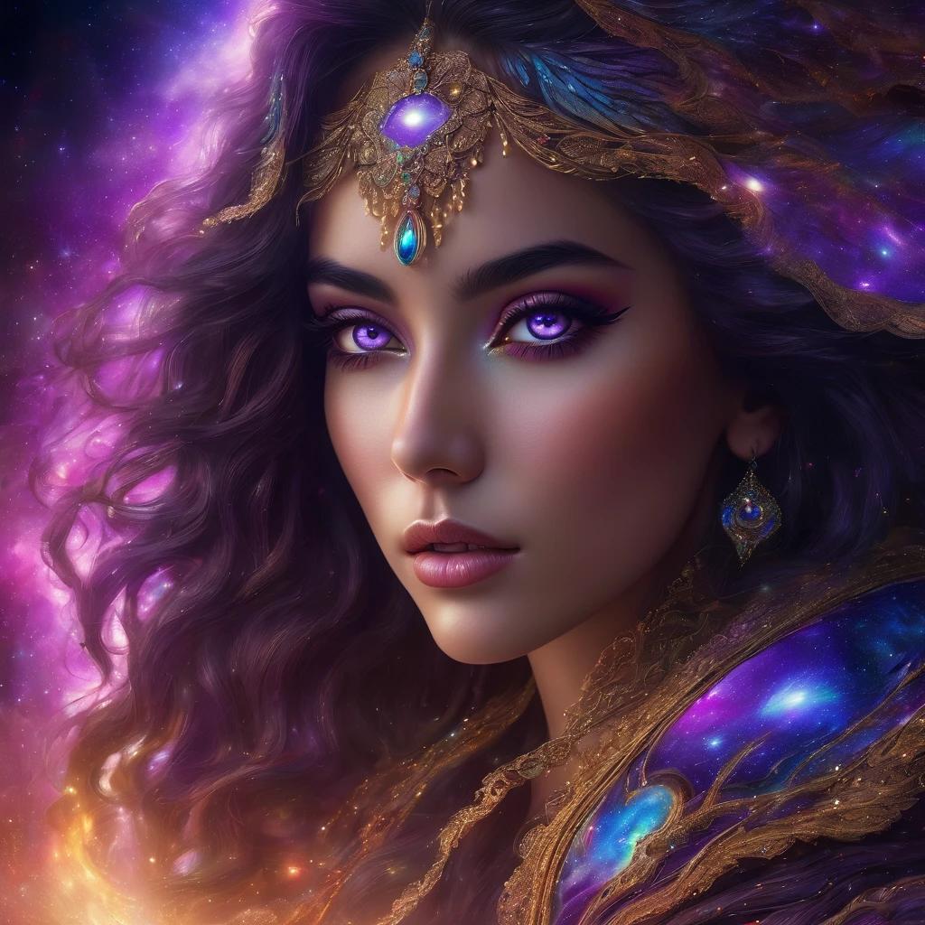 beautiful detailed eyes, beautiful detailed lips, extremely detailed eyes and face, long eyelashes, beautiful latina woman, curly voluminous hair, cosmic galaxies and nebulae reflected in her iris, violet flames dancing around, photorealistic, 8k, highly detailed, cinematic lighting, dramatic colors, digital art, concept art, masterpiece