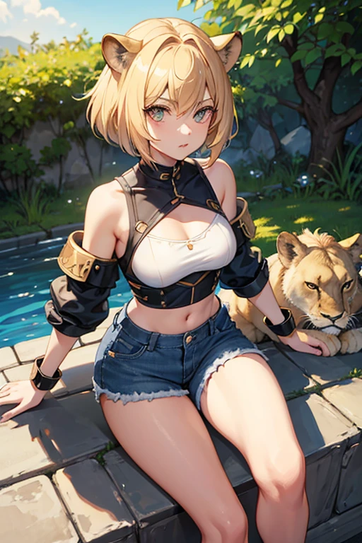 Lioness eyes girl, chest armor and short denim shorts , short hair