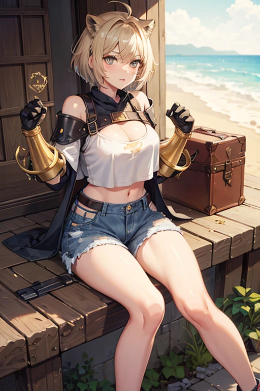 Lioness eyes girl, chest armor and short denim shorts , short hair