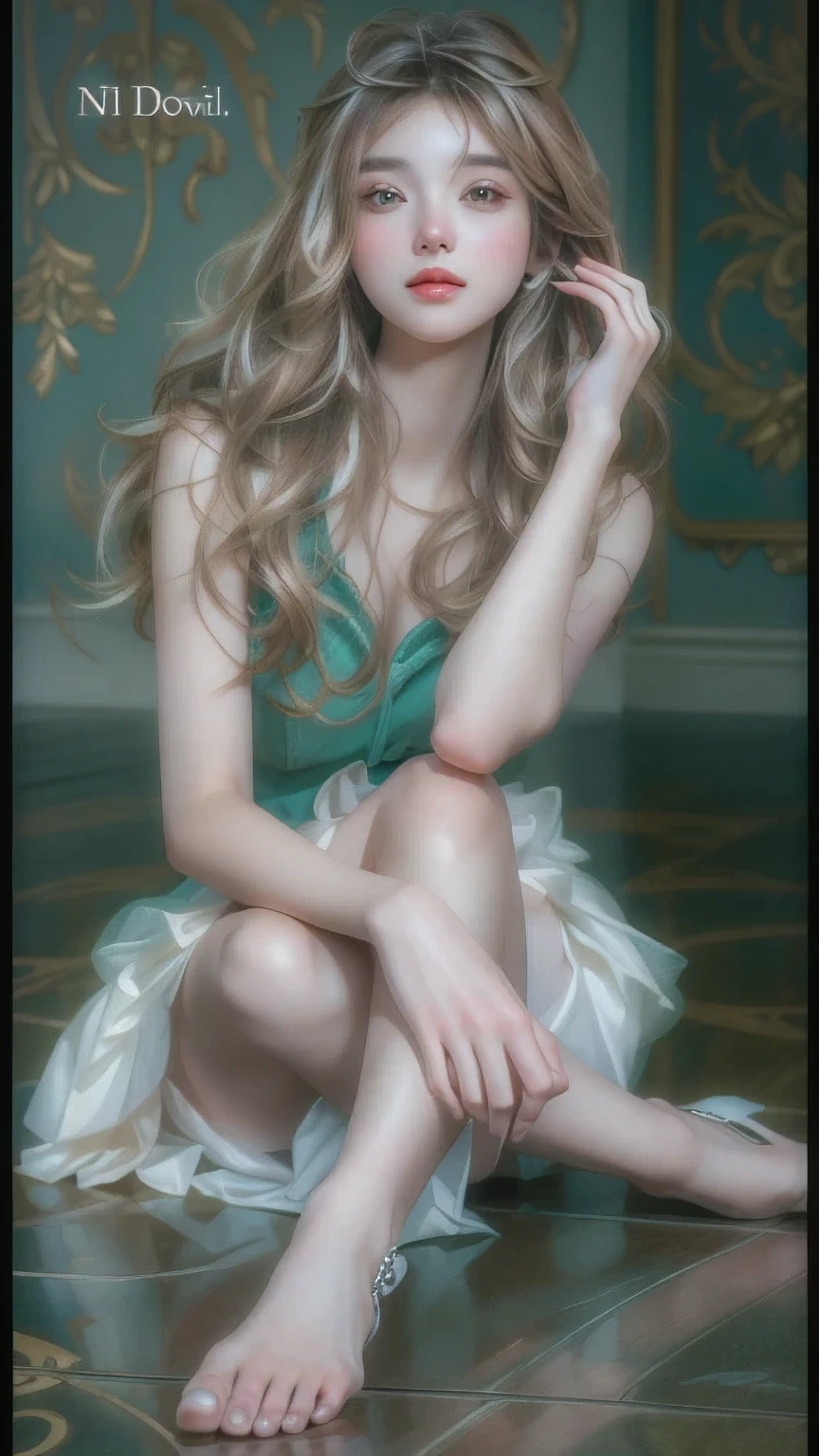 a woman sitting on the floor with her legs crossed, photorealistic!!!!!!! art style, in the art style of bowater, gorgeous digital painting, realistic cute girl painting, digital art of an elegant, beautiful girl model, beautiful realistic painting, digital art. photo realistic, erin moriarty, by Ni Tian, elegant digital painting, very realistic digital art, photorealistic art style