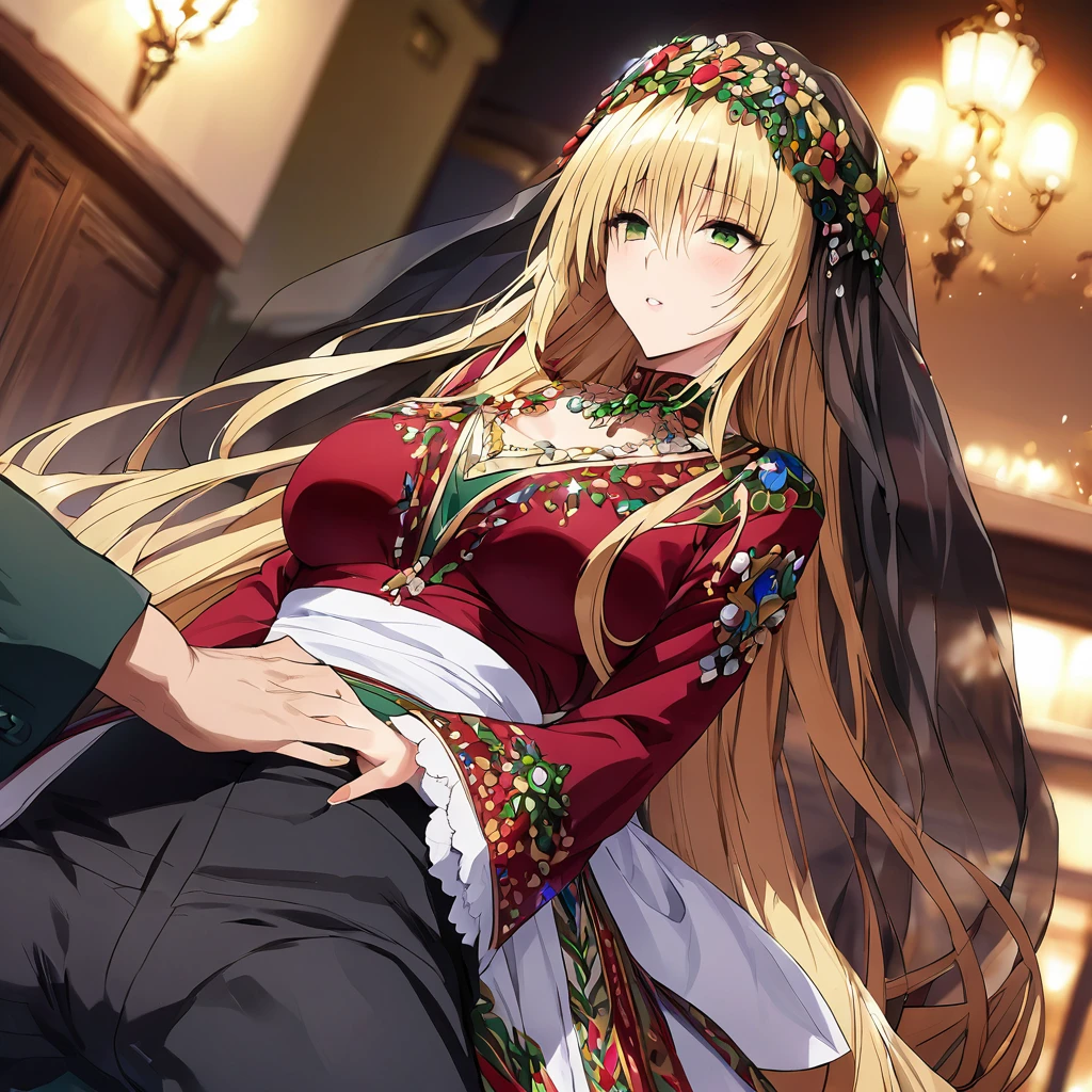A woman is being raped by a man、((Highest quality)), ((masterpiece)), (detailed), (Perfect Face)、The woman is an Italian Tierra, and is seen in the streets of Italy wearing the gorgeous and glittering Italian traditional Sardinian costume, a lavishly decorated velvet jacket, a long veil, gorgeous jeweled accessories and an engagement ring.、The woman is an elegant Italian tiare with green eyes and blonde medium-long hair. The woman is wearing a velvet jacket decorated with the Italian national costume of Sardinia and a long veil.