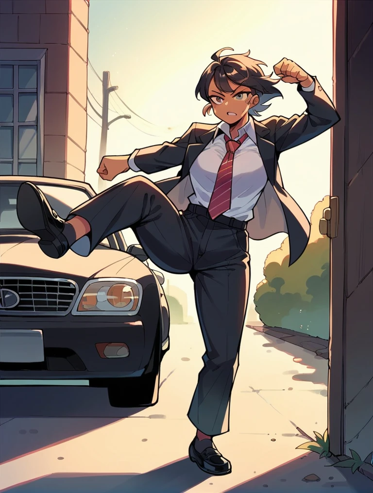 A woman wearing a black suit, tie, long black pants, leather shoes and black socks is kicking a car towards the car door.
