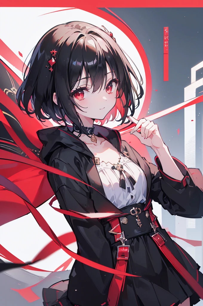 (masterpiece, highest quality, highest quality, (No text), Beautiful and aesthetic:1.2),No text,アニメ、BREAK,One Girl,Black Hair Girl short hair older sister choker Tree Eyes Beautiful eyes Red eyes cool smile Red and Black Black jacket mini skirt whole body In town