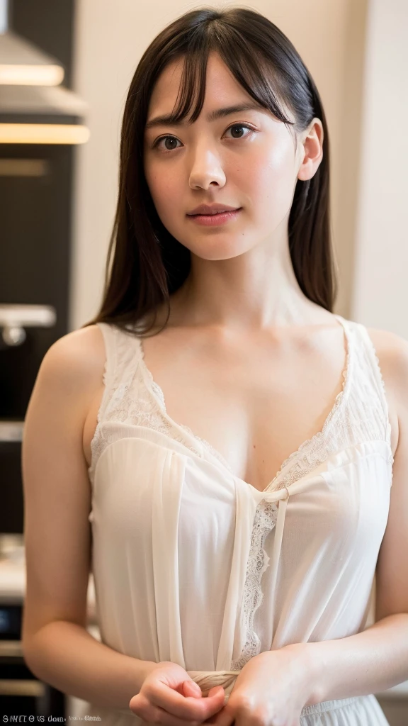 "(highest quality,8K,High resolution,masterpiece:1.2),Super detailed,(realistic,photorealistic,photo-realistic:1.37),soft focus,18-year-old,beautiful and detailed face,Detail view,renaissance art,delicate artwork,kitchen,kitchen apron,age girl,seductive lingerie,Gentle milk dripping onto my chest, Bright colors,studio lighting"