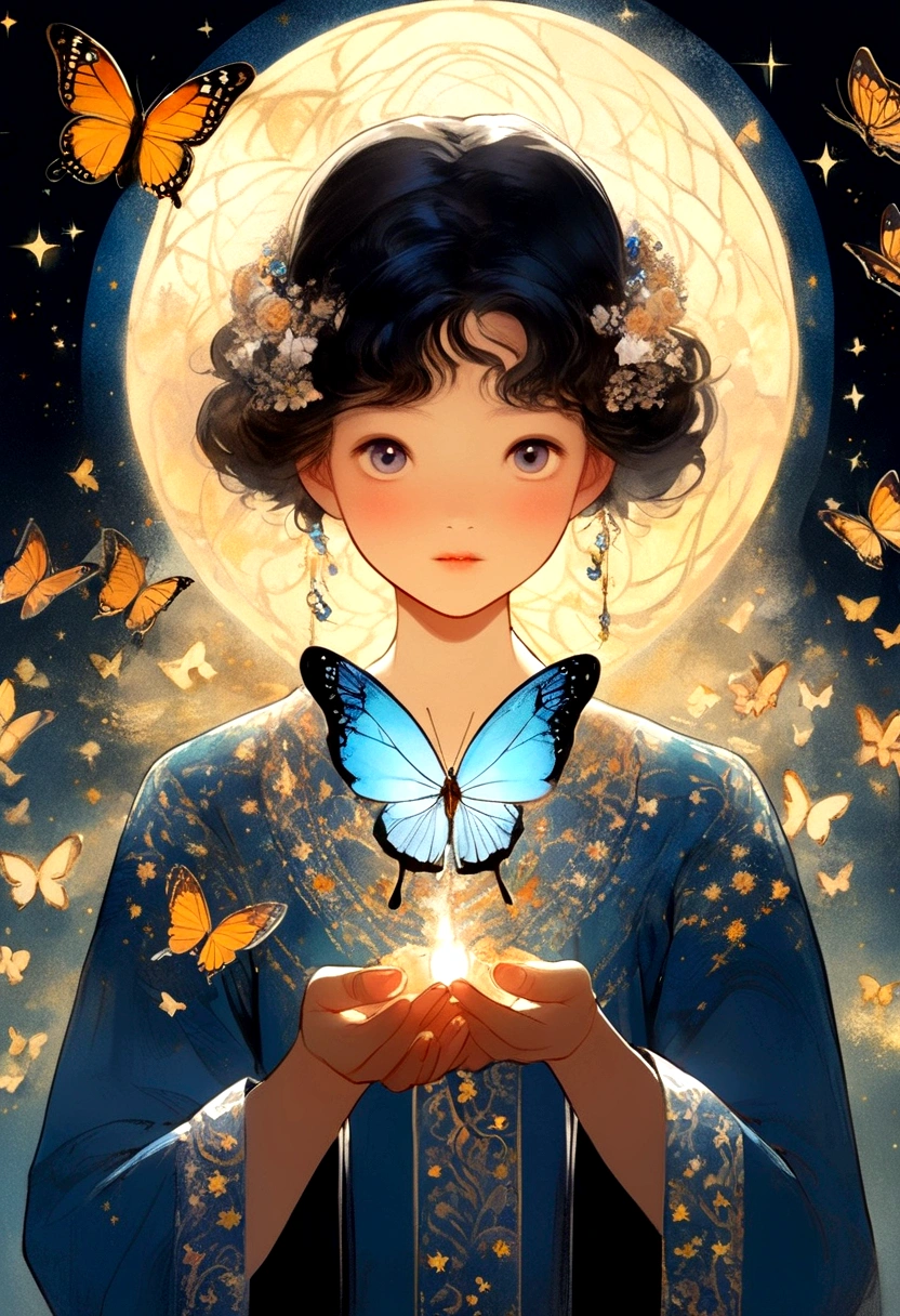 someone holding a butterfly in their hand with a starr background, concept art by Eizan Kikukawa, tumblr, romanticism, beautiful image, butterfly, artistic illustration, ✨🕌🌙, without text, this is beautiful, beautiful artwork, beautiful illustration, beautiful art, ilustration, detaild, large)}], absolutely outstanding image, endless, background image