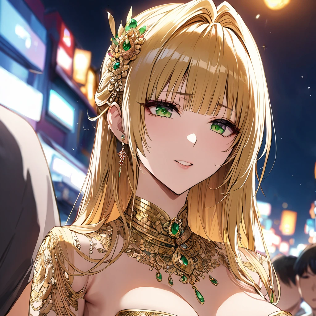 A woman is being raped by a man、((Highest quality)), ((masterpiece)), (detailed), (Perfect Face)、The woman is a Thai thai woman, wearing a gorgeous and glittering Thai traditional dress called Siwalai with gold embroidery in the streets of Thailand, and is wearing gorgeous jeweled accessories and an engagement ring.、The woman is an elegant Thai lady with green eyes and medium-long blonde hair. She is a Thai lady wearing a luxurious siwalai.