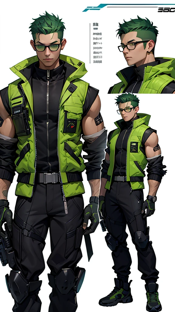 Character design sheet、Green short hair、Glasses、male、Tactical Vest、whole body、cyber punk, Surrealism, reference sheet, zoom layer, 8k, highres, best quality, UHD, anatomically correct