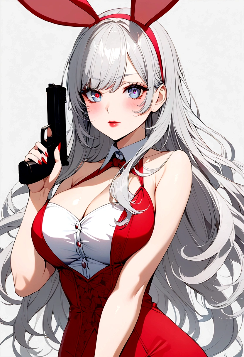 Beautiful girl, long hair, white gray hair, two-tone eyes, blue left eye, pink right eye, bunny ears, large breasts, , anime girl, red-pink lips, holding a gun.