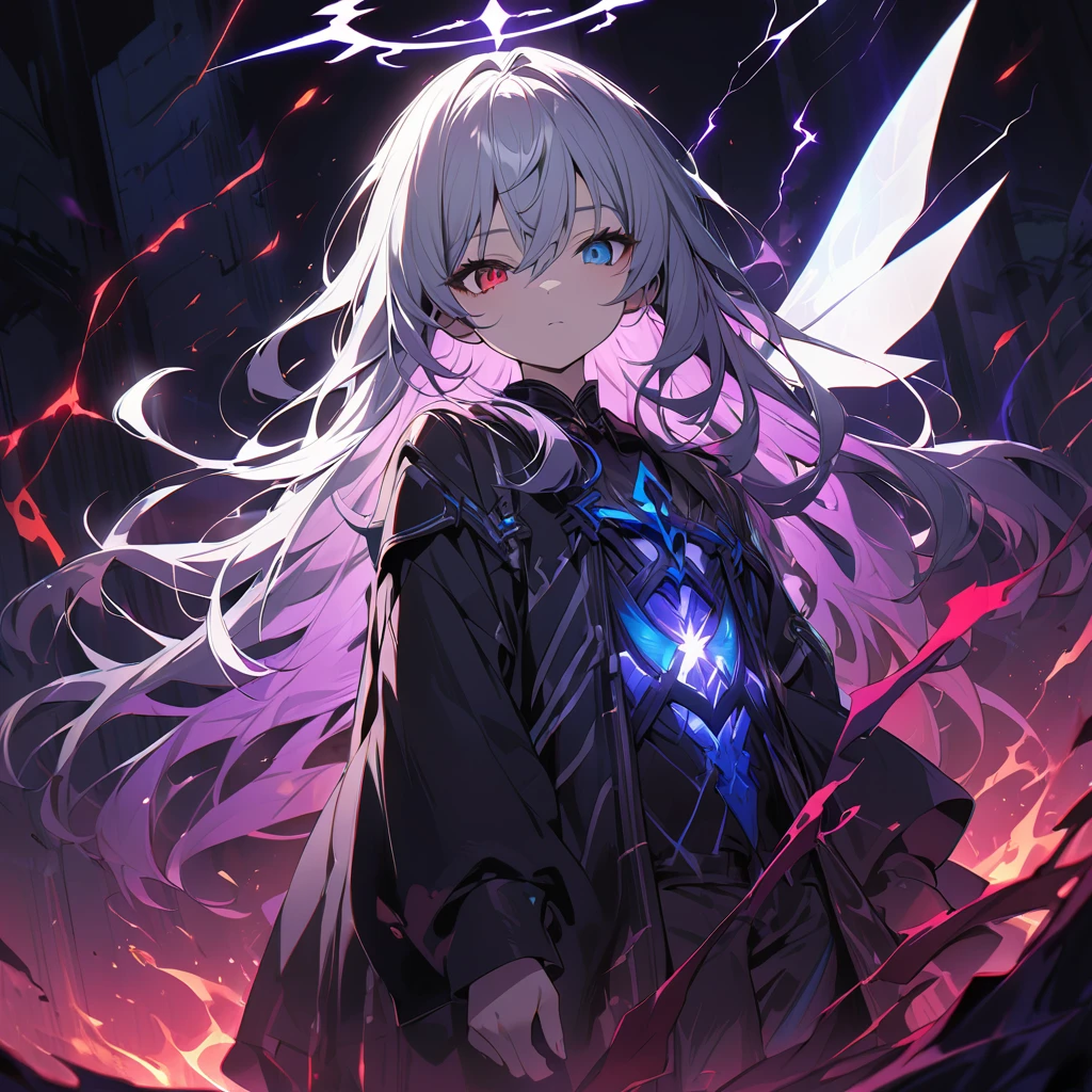 elementary, Shadow Surrounding Girl, lightning, Green Aura, Red aura, Purple aura, Flames surrounding the girl, masterpiece, Dark Theme, Highest quality, Maximum details, Very fine eye, Professional coloring, cinematic lightning, Remaining, Written boundary depth, Backlight, One Girl, Young girl, Silver Hair, Long Hair, Hair between the eyes, Black Halo, Shining blue sea, Blue Flame, Large, black, translucent magical wings on his back, Fantasy-inspired costumes, Black long coat, shirt, Black trousers, Expressionless, heterochromatic eyes, Heterochromia iridis, Violet's left eye, blue right eye, Odd Eye, Glowing Eyes, Show a close-up of your face, Facing forward, Countless magical swords are floating, Slashing Effects