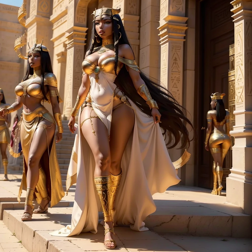 a beautiful, detailed, photorealistic portrait of Cleopatra, queen of Egypt, walking down the palace steps with perfect feminine curves, perfect ass and bosom, Egyptian pyramids in the background, intricate jewelry, flowing robes, majestic and powerful expression, dramatic lighting, vibrant colors, cinematic composition, masterpiece, hyper detailed, 8k, lifelike, award winning digital art
