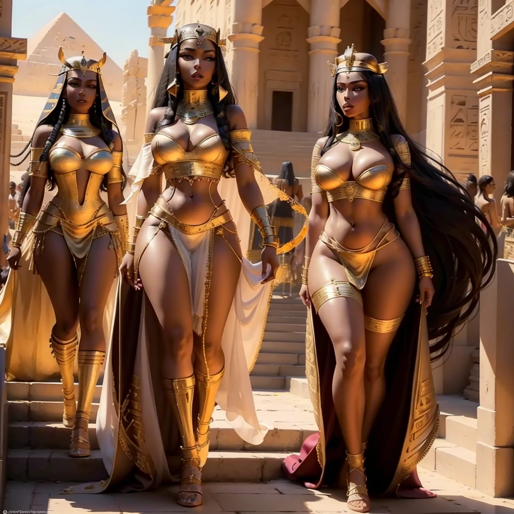 a beautiful, detailed, photorealistic portrait of Cleopatra, queen of Egypt, walking down the palace steps with perfect feminine curves, perfect ass and bosom, Egyptian pyramids in the background, intricate jewelry, flowing robes, majestic and powerful expression, dramatic lighting, vibrant colors, cinematic composition, masterpiece, hyper detailed, 8k, lifelike, award winning digital art