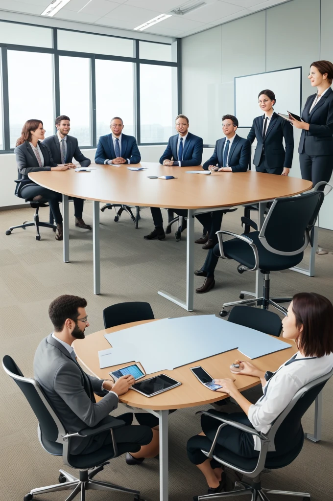 (((Very Realistic))) Employees of a company in a meeting room discussing Corporate Social Responsibility: The relationship between socially responsible practices and business efficiency.