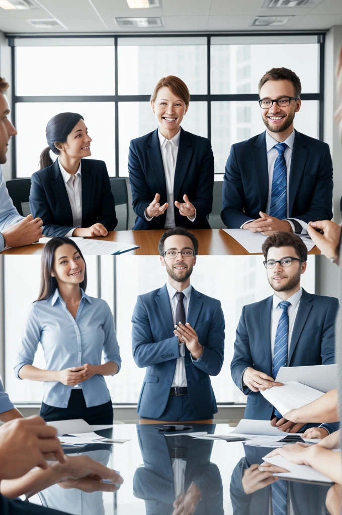 (((Very Realistic))) Employees of a company in a meeting room discussing Corporate Social Responsibility: The relationship between socially responsible practices and business efficiency.