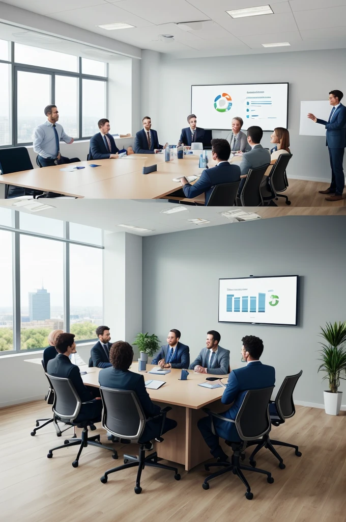 (((Very Realistic))) Employees of a company in a meeting room discussing Corporate Social Responsibility: The relationship between socially responsible practices and business efficiency.
