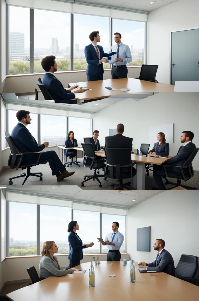 (((Very Realistic))) Employees of a company in a meeting room discussing Corporate Social Responsibility: The relationship between socially responsible practices and business efficiency.