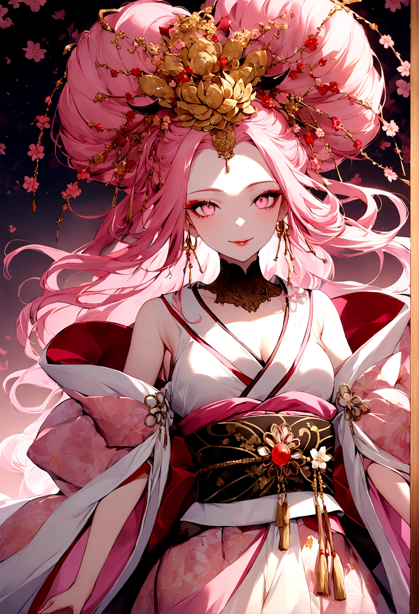 Appearance: She is a woman of transcendental beauty, with an aura that mixes fascination and mystery. Your pink hair is long and luxurious, falling in soft waves that delicately capture the light. The eyes are also pink, deep and mesmerizing, reflecting his demonic nature and his inner intensity. Your skin is pale and unblemished, giving a striking contrast to your hair and eyes.cos: His body is slender and elegant, with soft curves that perfectly match her angelic and demonic appearance at the same time. Every move is gracefully calculated, displaying a flexibility and agility that are characteristic of his supernatural nature.Clothing Style: Dressed like a high class oiran, your kimono is a piece of art in soft pink silk, adorned with delicate patterns in darker shades of pink and red. The obi is richly embroidered with golden threads, tied in an elegant bow that highlights your slim waist. She wears elaborate kanzashi in her hair, with sakura flowers in shades of pink and white, further highlighting its unique beauty and connection with nature.Expression and Presence: Its presence is magnetic, instantly attracting the attention of everyone around you. Your smile is serene, conveying a deceptive calm that hides the depth of your feelings. It has an aura of mystery and sophistication., which reflects his duality as demon and human.
