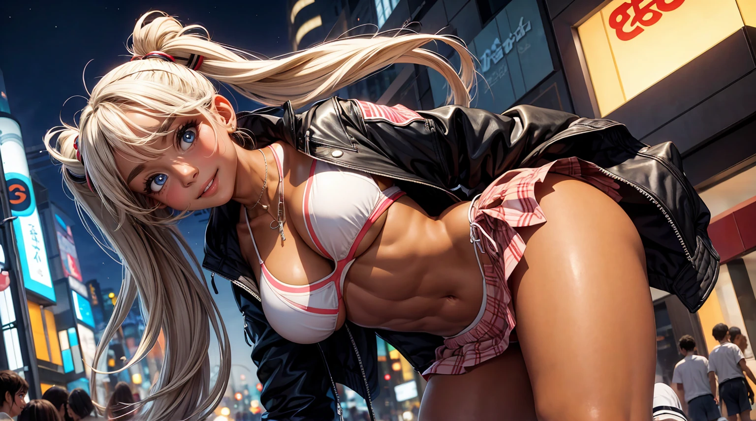 (masterpiece, best quality), (from below), 1 girl, perfect body, big breasts, woman, Ganguro, bikini top, jacket, mini skirt, panties, necklace, Bracelets, Twintails, Posture crouching, city streets, Harajuku, late night