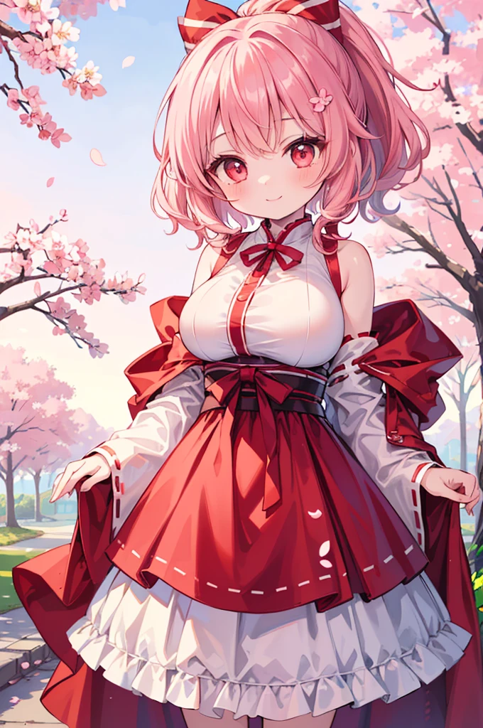 ((Masterpiece)),((high resolution)),((Best Quality)),Anime illustration,(((1girl))),,(wavy hair),(short hair),(pale pink hair color),small ponytail,Red eyes,(Big round eyes),((tareme)),15 years old,((loli face)),((very big breasts)),Short stature,,Miko costume,smile,Ladylike,cherry blossoms,