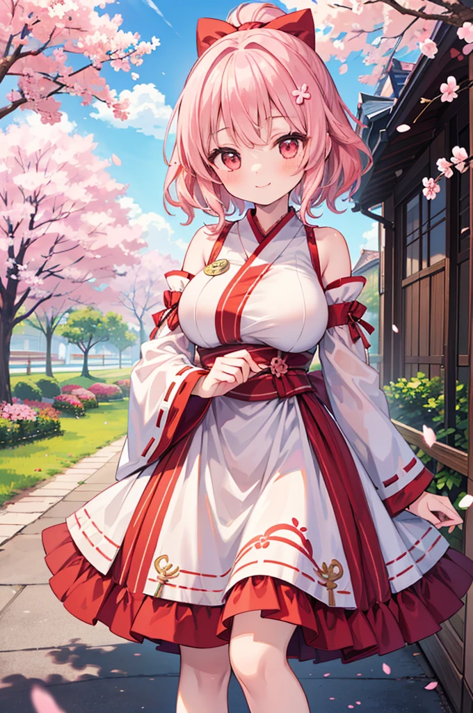 ((Masterpiece)),((high resolution)),((Best Quality)),Anime illustration,(((1girl))),,(wavy hair),(short hair),(pale pink hair color),small ponytail,Red eyes,(Big round eyes),((tareme)),15 years old,((loli face)),((very big breasts)),Short stature,,Miko costume,smile,Ladylike,cherry blossoms,
