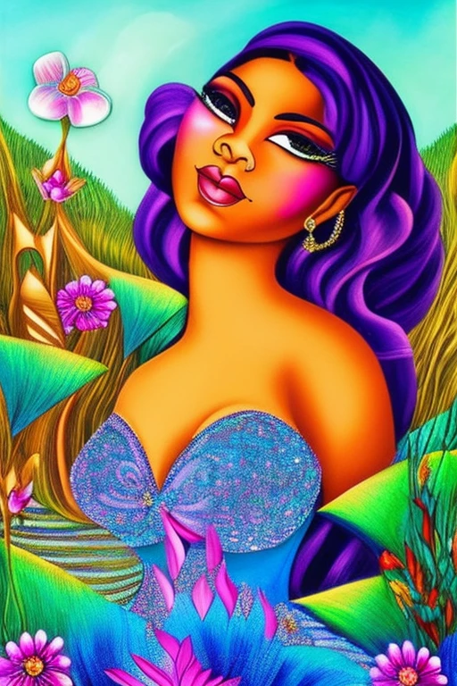 The canvas is a vibrant and velvety canvas, with vivid colors and vibrant shades. A beautiful, curvy woman with a wide grin and charming curly hair catches the eye. Her eyes are adorned with pearls of gold and sparkling silver. To her delight, she creates a flawless image of pure beauty and illuminati with sparkling pastel hues. Together, she creates a mesmerizing mesmerizing scene, a masterpiece of magical art. The background is a series of colorful, vivid colors, capturing the essence of pure magic. The background is a captivating and mesmerizing landscape, with peaks, peaks, and valleys. The scene exudes ethereal beauty and soft fantasy. The woman's expression is one of admiration, but her expression is one of wonder, and she is deeply inquisitive, as if she's ready to embark on a magical journey. To the canvas, her lips are filled with shimmering, mesmerizing flowers, which evoke a