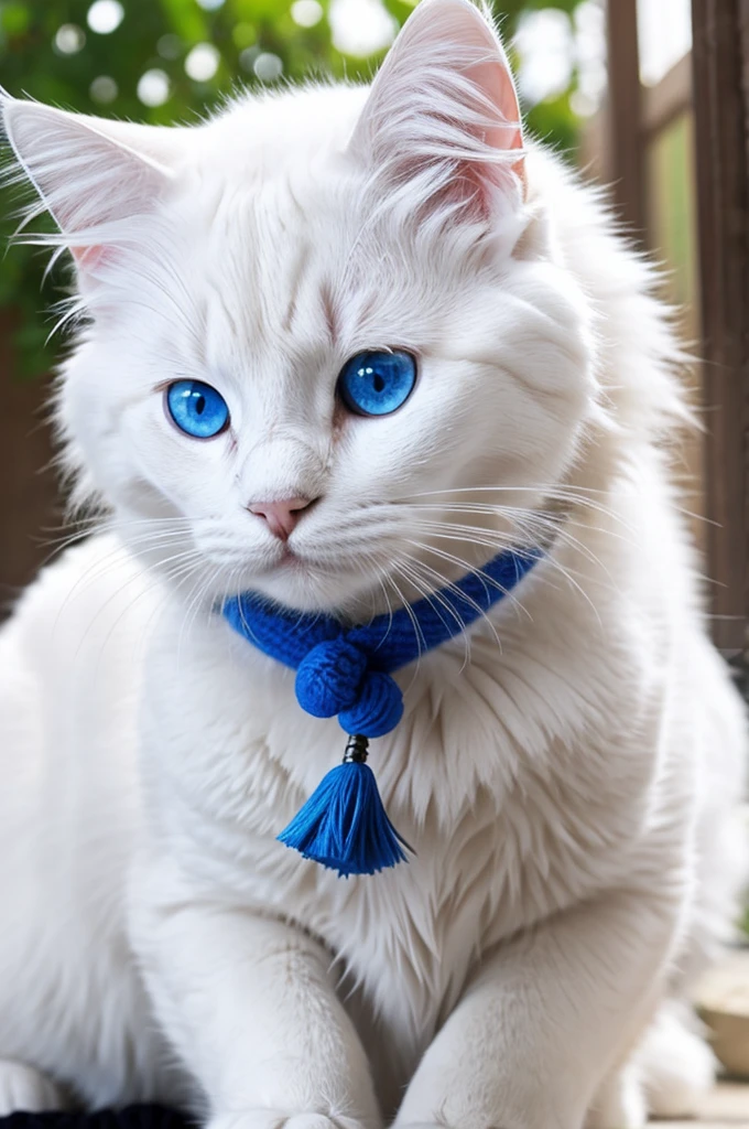 Three tailed white fluffy cat with blue eyes, with black tassels on the ears and a black nose
