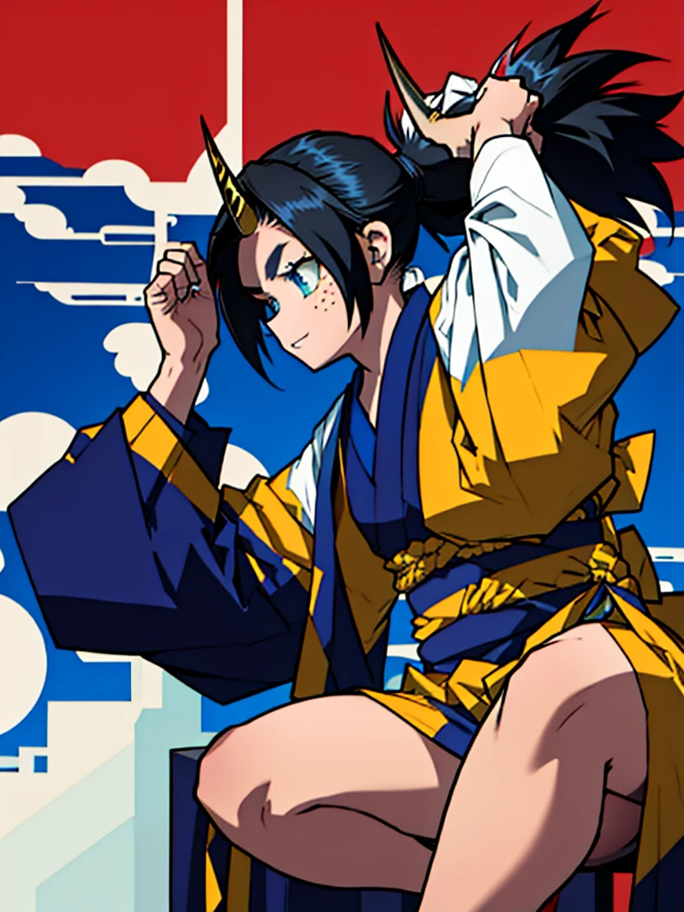   A girl in the Boku no hero style, She is wearing her hero outfit which consists of a long-sleeved jumpsuit that covers her entire neck and ends in shorts., on top a kimono with a raven on each side.
A has black hair with blue highlights tied in a ponytail and cut on the sides... She has freckles on her dark skin with one green and one blue eye... She has a horn on each side of her head, she is saying, She is looking to the side and behind her everything is green 