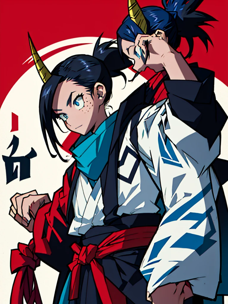 A girl in the Boku no hero style, She is wearing her hero outfit which consists of, a long-sleeved jumpsuit that covers your entire neck and ends in shorts, on top a kimono with a raven on each side drawn on it,
.The girl has black hair with blue highlights tied in a ponytail and cut at the sides., She has freckles on her dark skin with one green eye and one blue eye. She has a horn on each side of her head, one blue and one black.