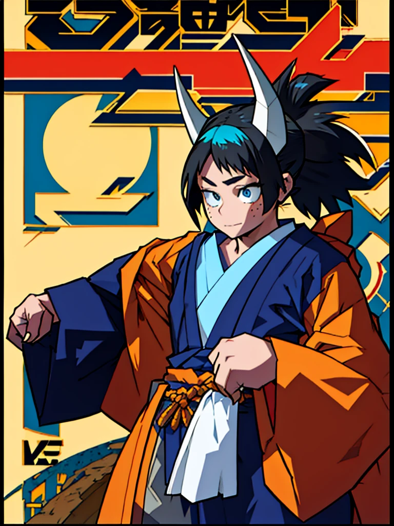 A girl in the Boku no hero style, She is wearing her hero outfit which consists of, a long-sleeved jumpsuit that covers your entire neck and ends in shorts, on top a kimono with a raven on each side drawn on it,
.The girl has black hair with blue highlights tied in a ponytail and cut at the sides., She has freckles on her dark skin with one green eye and one blue eye. She has a horn on each side of her head, one blue and one black.